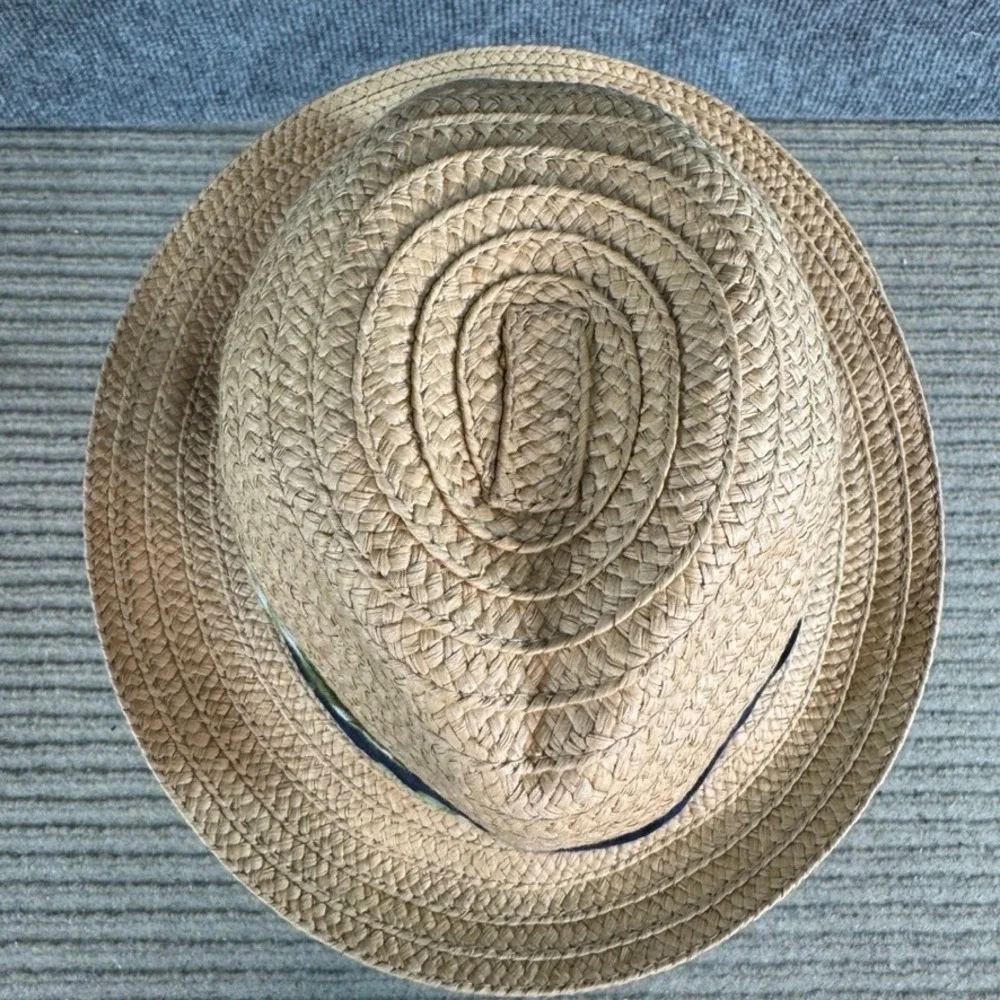 Ann Taylor Factory Straw Fedora Hat Tan Tropical Leaf Print Band Summer Sun Hat